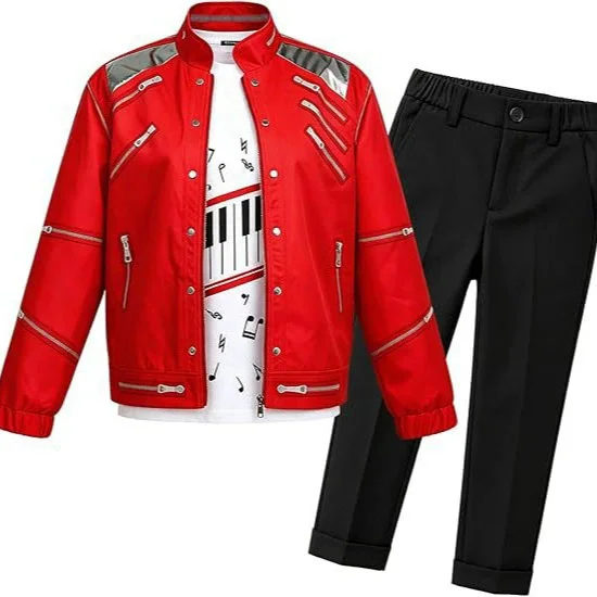 Jungen Pop-Musik Superstar Cosplay Outfit Rote Jacke Klavier-Print T-Shirt Hose Kinder Halloween Show Sänger Kostüm – Detail 5