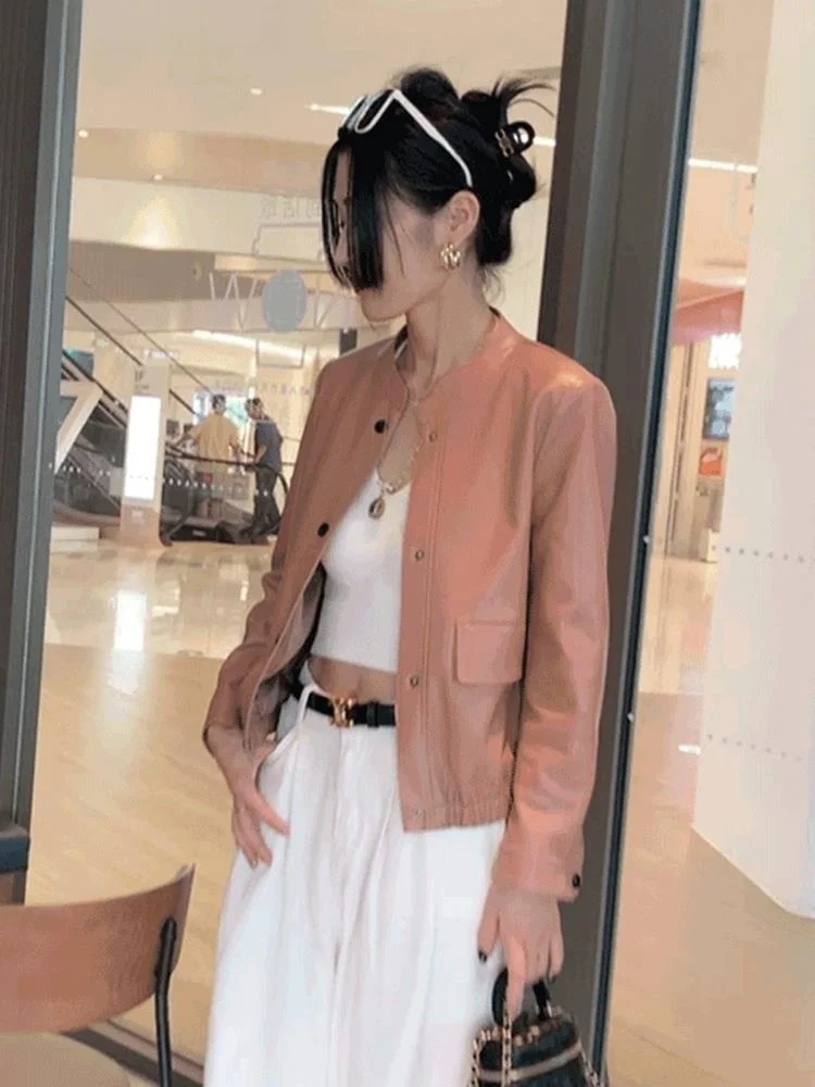 

Модная повседневная женская кожаная куртка-косуха с воротником-стойкой, премиум-класса, весна 2025, новая, укороченная, универсальная