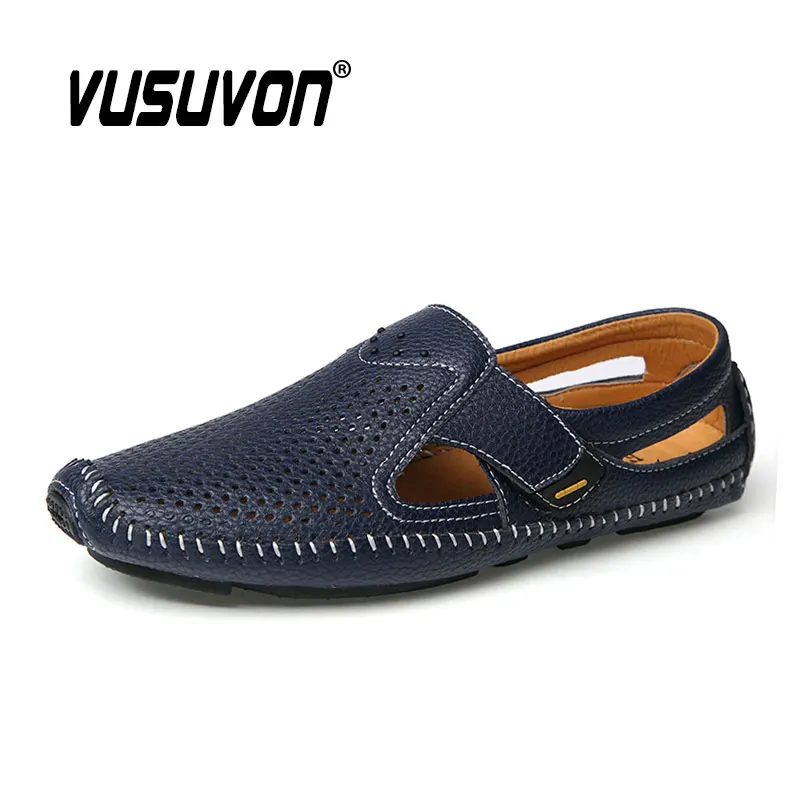 Men Genuine Cow Leather Sandals Dress Shoes Casual Flats Fashion Business Moccasins 38-48 Big Size Breathable For Beach