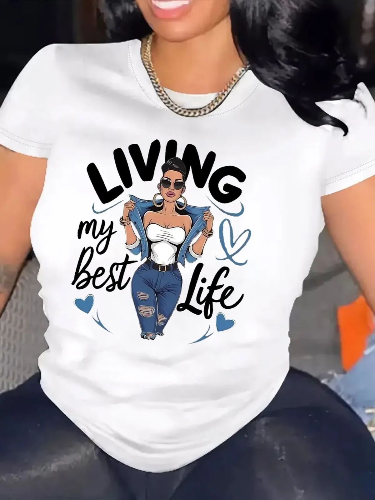 

Cute Girl Art Print Casual T-Shirt for Women, Trendy Graphic Tee
