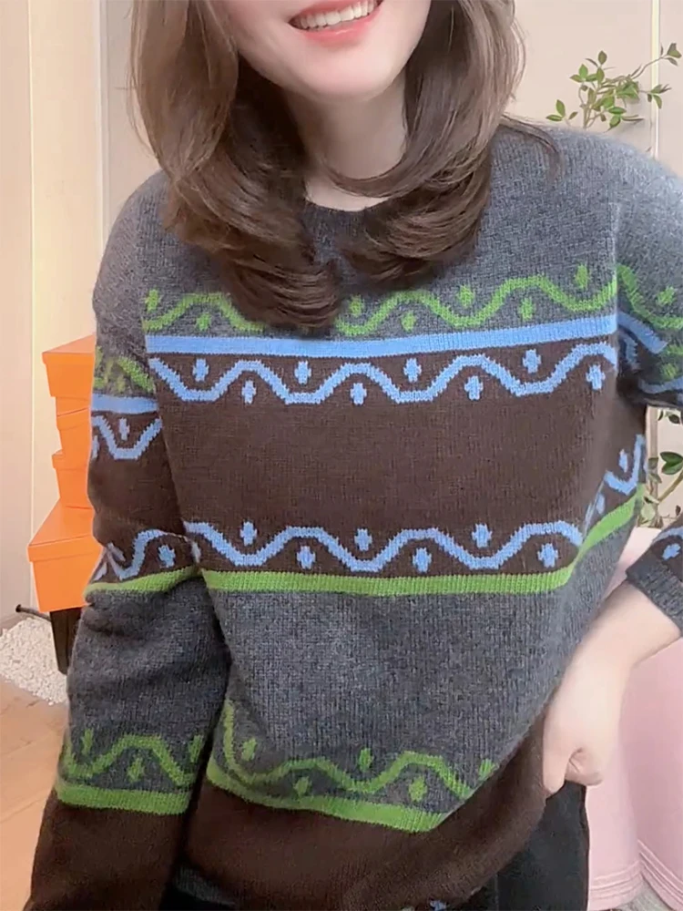 

Ретро-этнический вязаный джемпер с круглым вырезом, больших размеров, модный, универсальный, стройнящий топ для женщин, осень-зима, новинка