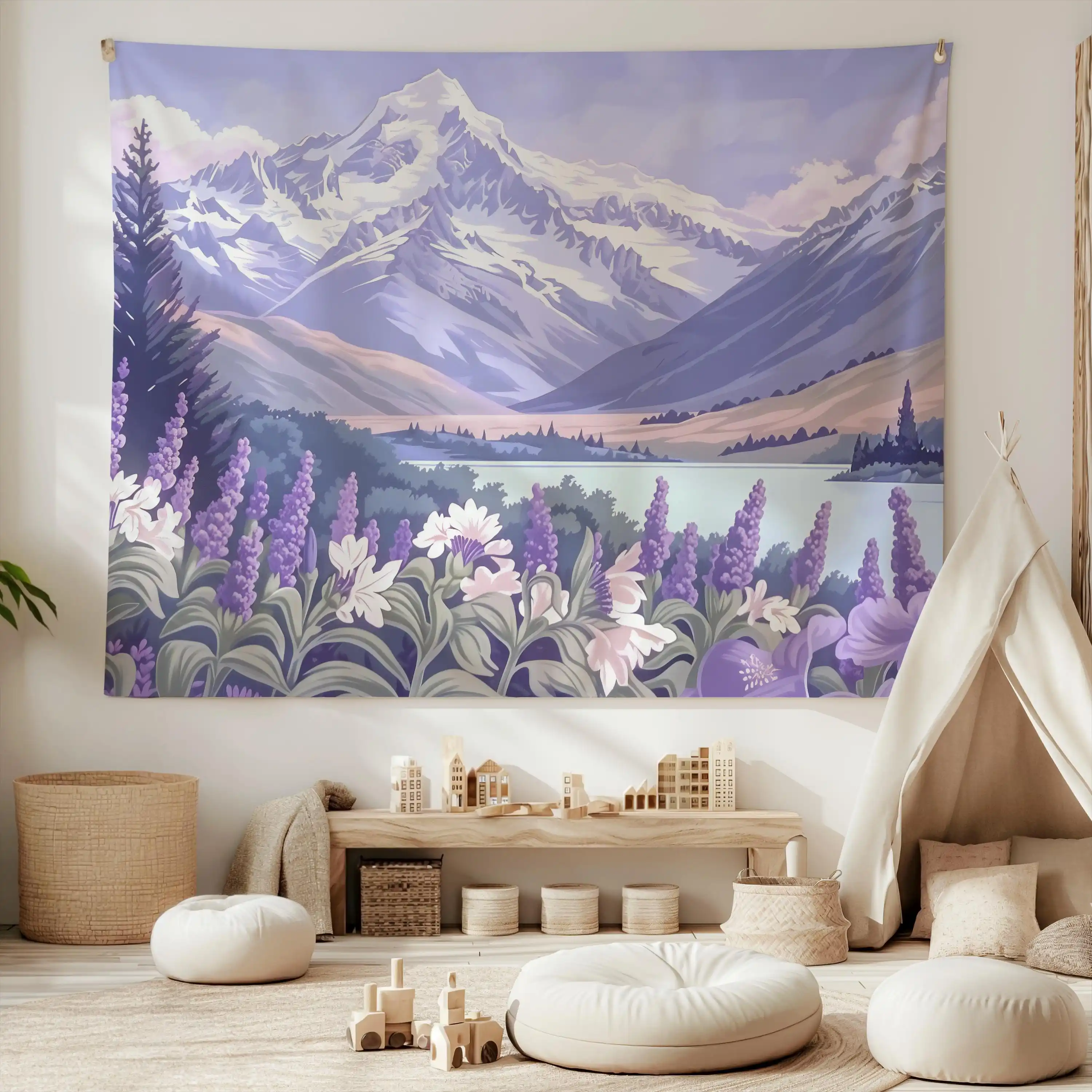 VIKAMA Healing Series Purple Tune Snow Mountain Flower Sea Tapestry Fresh Ins Style Living Room Decoration Room Decoration