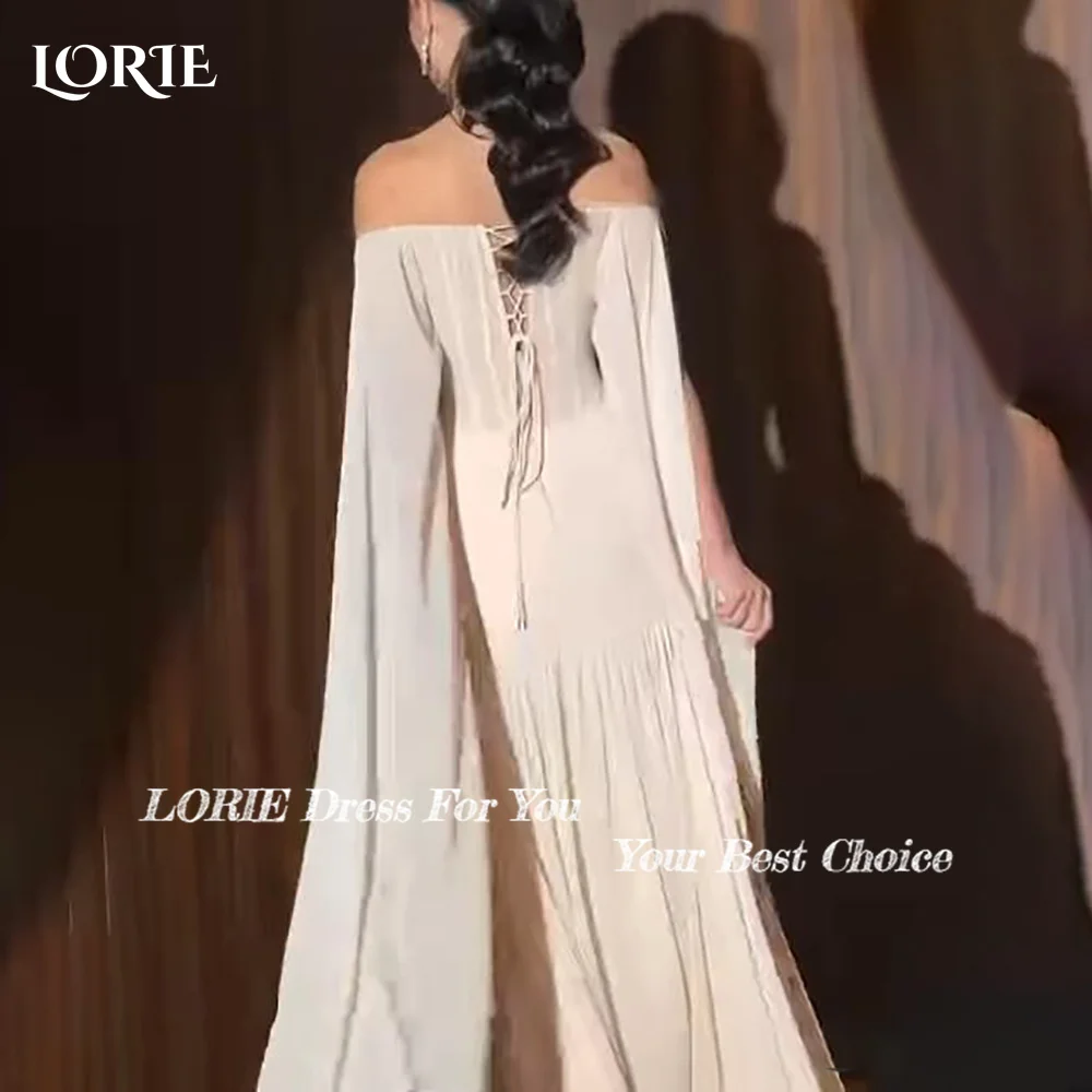 LORIE فستان زفاف إسلامي شال كم طويل من الساتان فستان زفاف مخصص بدون أكتاف طول الأرض فستان عروس فستان سعودي دبي