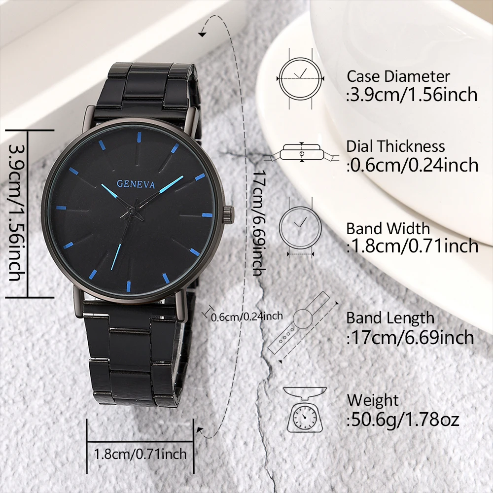 3PCS/Set Black Men Watch Fashionable Minimalist Blue Needle Dial Quartz Wristwatch Alloy Strap Watch Jewelry Set Gift For Him