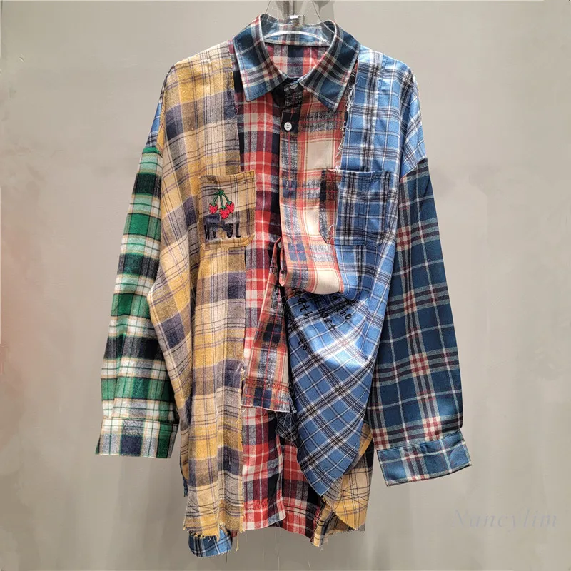 Retro Loose Casual Plaid Shirt Women\'s 2024 Autumn Splicing Contrasting Color Design Hot Girl Top Long Sleeve Street Blouse