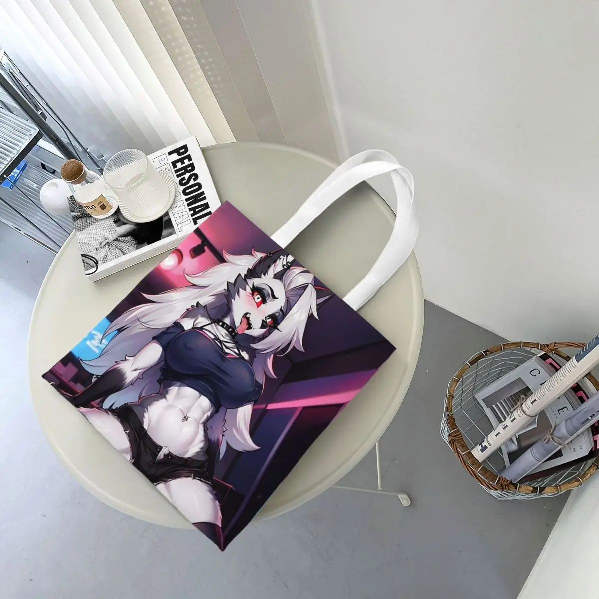 Helluva Boss Loona Bolsas de compras de lona Bolsa tote dobrável para mulheres bolsa de ombro bolsa de viagem