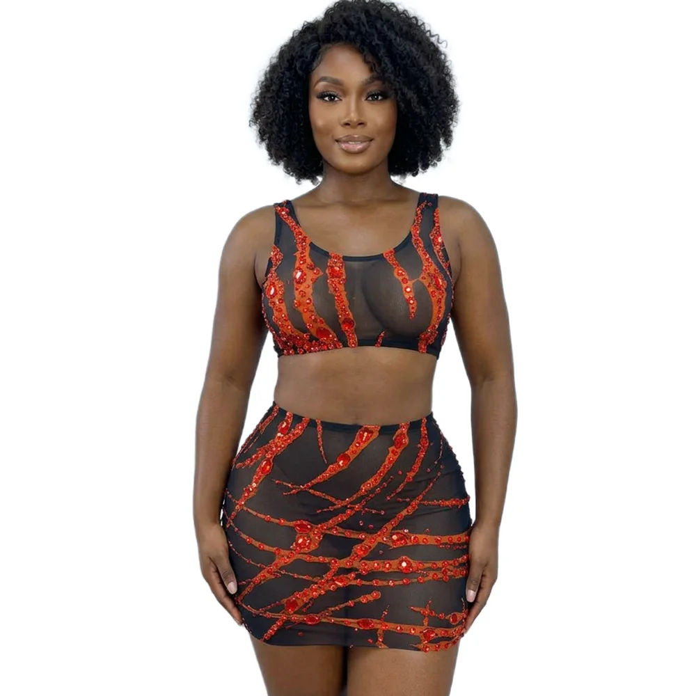 Sexy Spaghetti Strap Rhinestone Vest Top Bodycon Mini Skirts 2 Piece Sets Women Party Dress Night Club DJ singer festival outfit