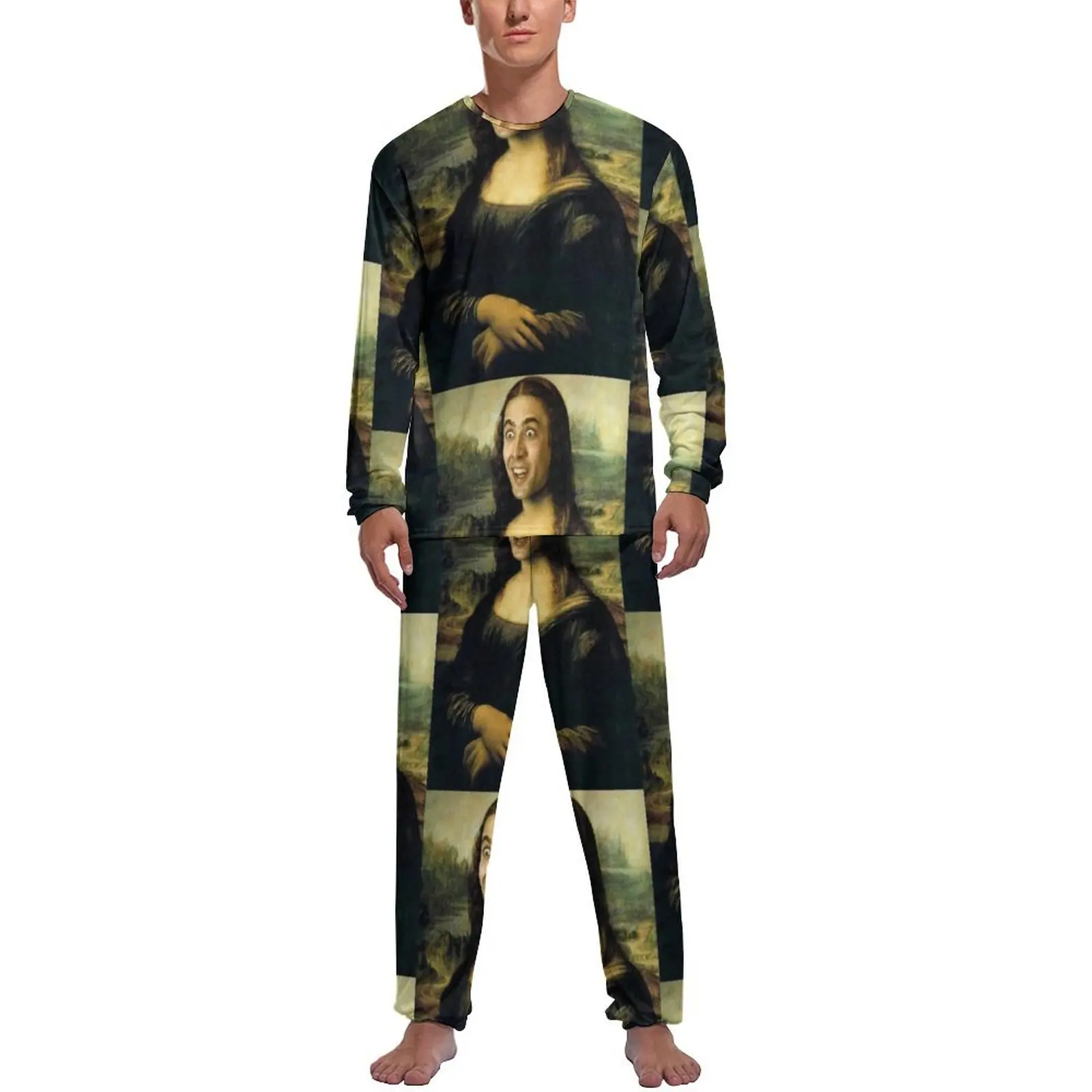 Nicolas Cage Meme Pajamas Mens Funny Mona Lisa Cool Home Suit Daily Long Sleeve 2 Piece Leisure Pattern Pajama Sets