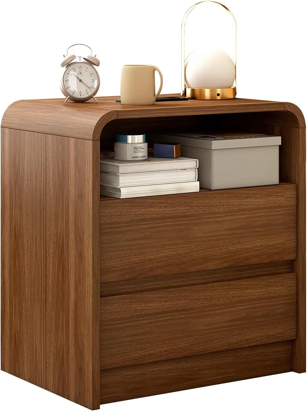 Modern Nightstand 23.6' Wide with Charging Station, Mid-Century Design, Anti-Collision Curve, Ideal for Dorm, Sofa, Office