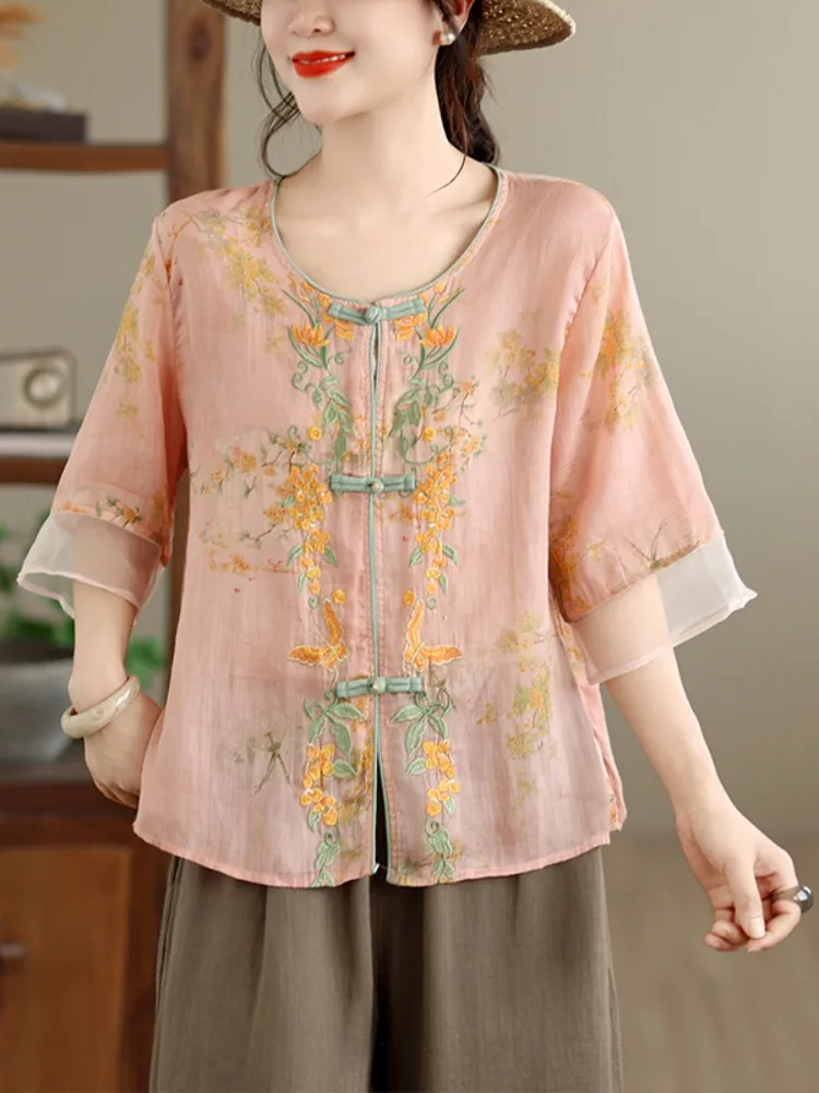 

Elegant Embroidered Linen Shirt Women's Summer Fashion High-End Mom's Large Size Sleeveless Top Chinese Style Loose Fit Breat...