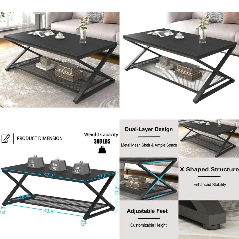 

Двухуровневый журнальный столик из дерева и металла с полкой для хранения, подходит для гостиной или офиса, отделка черный дуб, 47 дюймов