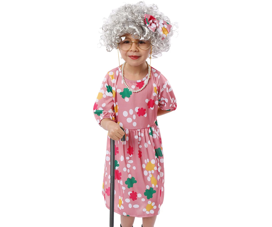 Novelty Old Lady Women Grandma Gray Wig Fancy Dress Costume Set Kids 100th Day of School Girls Halloween Cosplay Granny Roleplay