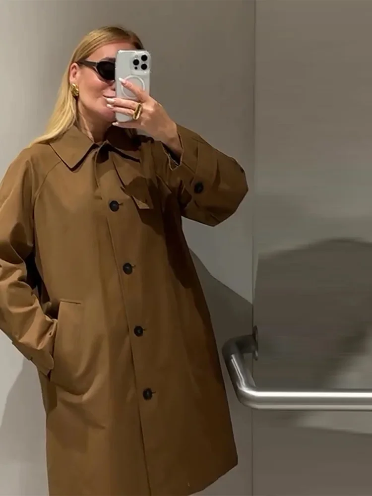 Chic Vintage Mid-Length Trench Coat Outerwear Notched Collar Classic Jacket Coats Woman Chic High Street Spring New Fashion Outf