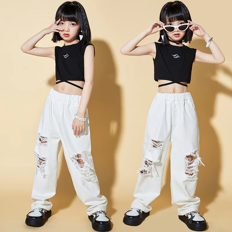 Kid Kpop Hip Hop Clothing Black Lace up Crop Tank Top White Casual Street Wide Ripped Pants for Girl Jazz Dance Costume Clothes