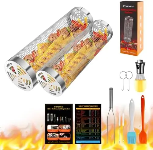 

2-Piece Stainless Steel Grill Basket Set with Oil Sprayer – Perfect for Veggies, Shrimp, and More – Ideal Grilling Gift for Men