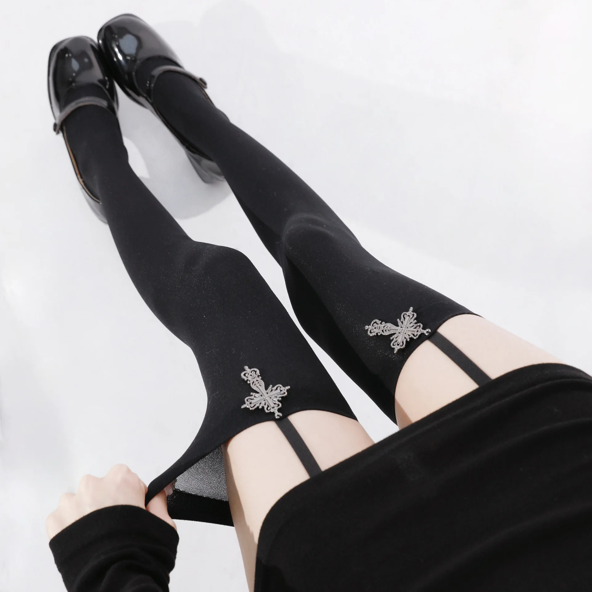 Personality Cross Decoration Women Suspender Socks Solid Color Thin Thigh High Lolita Anime Cosplay Gothic Over Knee Stockings