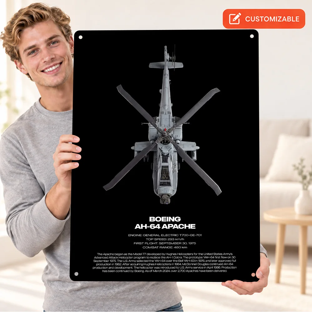 Boeing AH-64 Apache Helicopter Printed Poster Personalized Aluminum Metal Sign Technical Layout Wall Art For Aviation Lounge