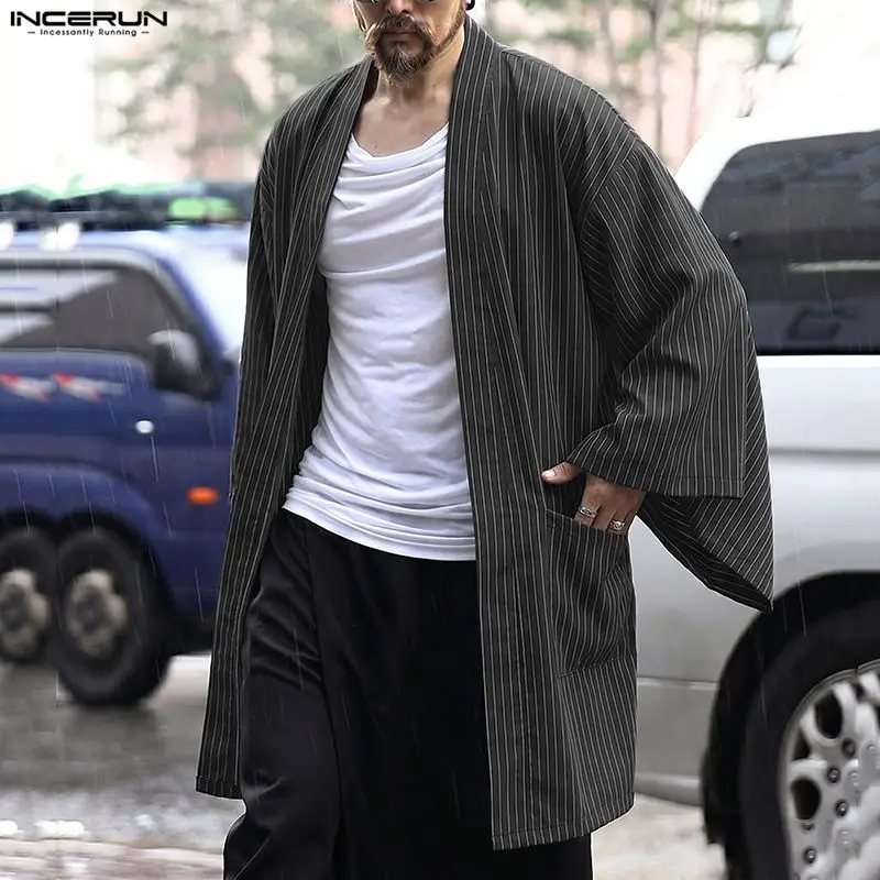 INCERUN Men's Striped Cardigan Trench Open Stitch Long Sleeve Casual Loose Male Coats Streetwear 2026 Long Style Outerwear S-3XL