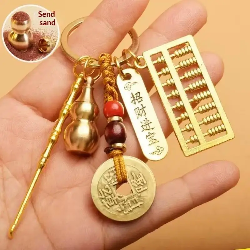 Chinesischer Stil Tierkreiszeichen Messing-Kürbis Fünf-Kaiser-Geld-Schlüsselanhänger Metall Fengshui Anhänger R-Tasche Schlüsselring Dekoration Geschenk Accessoire – Detail 7