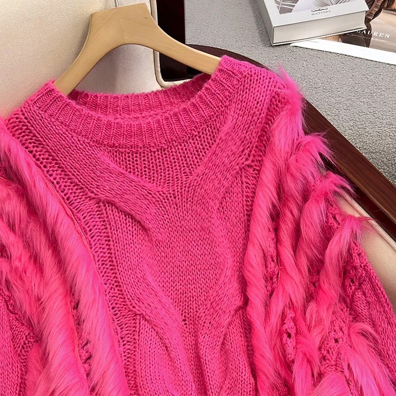 JSXDHK Luxury High Qulaity Women Loose Pullovers Jumper Autumn Winter Rabbit Fur Patchwork Knitting Thick O Neck Sweater Ladies