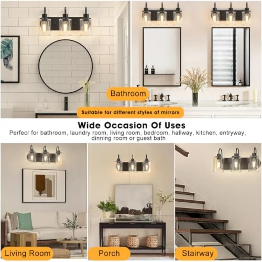 3-Light Bathroom Light Fixtures, Vanity Light Farmhouse Wall Sconces with Clear Glass Shade, Modern Bathroom Wall Lamp for Mirr view 6