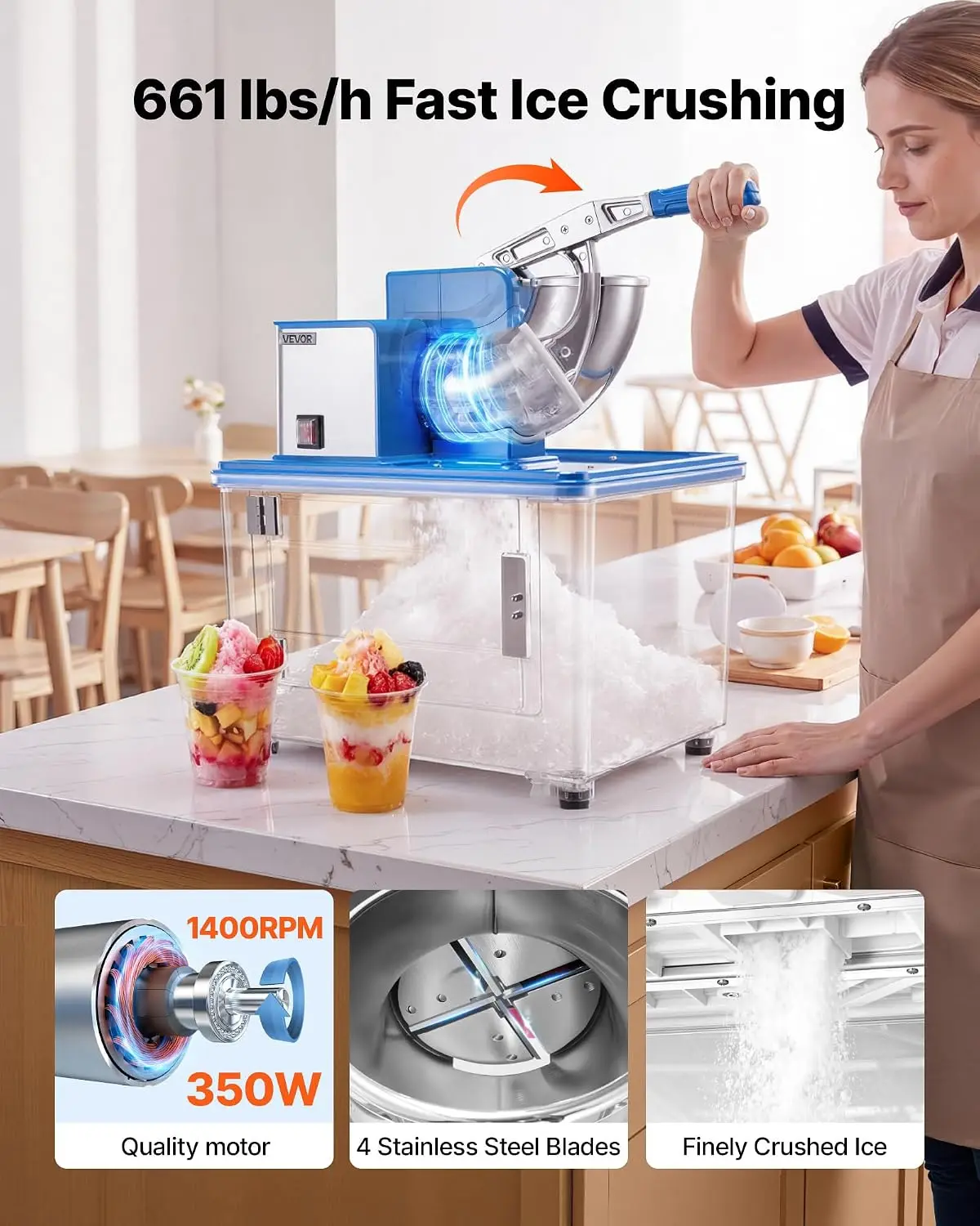 110V Commercial Ice Crusher 661LBS/H, ETL Approved 300W Electric Snow Cone Machine with Dual Blades, Stainless Steel Shaved Ice