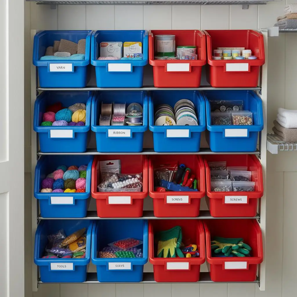 

Полимерный контейнер для хранения (11x5x5 дюймов) для мастерской, гаража, склада, подвесная штабелируемая конструкция, синий, красный