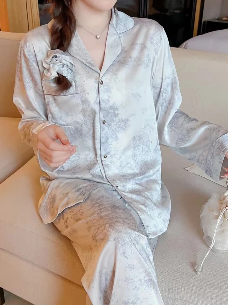 M-5XL Loose Brand Women Pajamas Set Luxury Sleepwear Print Smooth Faux Silk Pajama Set Home Clothe Nightclothes Summer Outfits