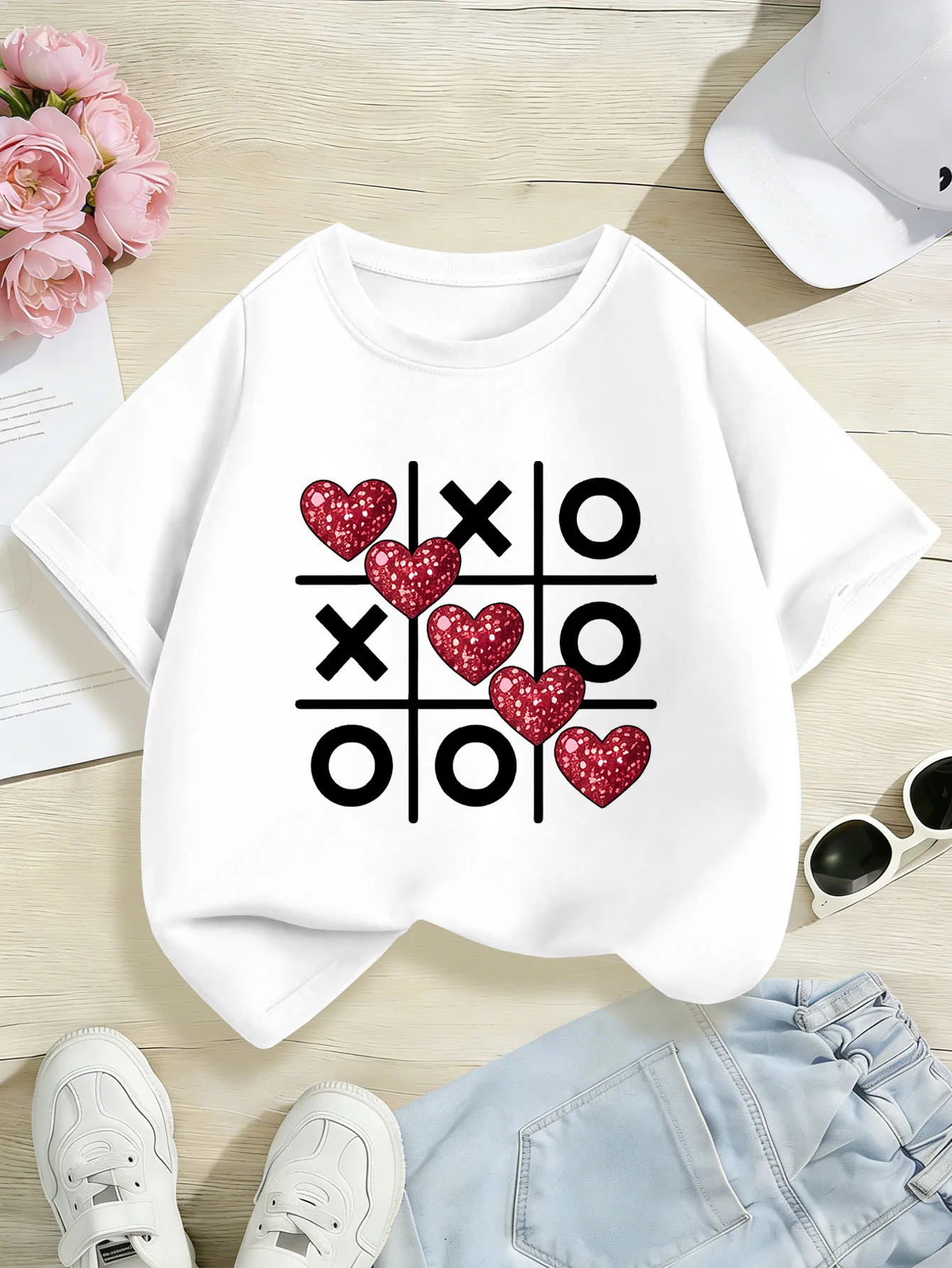 Cute Tic Tac Toe Glitter Red Heart Print Kids Tee Boys Girls Family Matching Cotton Crew Neck Short Sleeve Soft Summer Tee