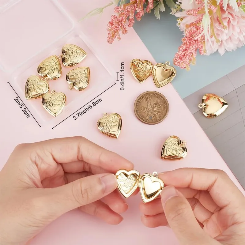 1 Box Heart/Scallop/Ribbon/Book Photo Frame Pendant Charms 18K Gold Plated Photo Locket Charms with Loop for Jewelry Making