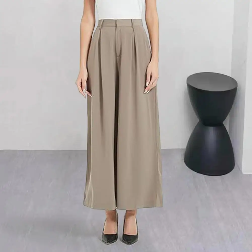 Baggy Pants Fashion Front PocketsWomen Elegant Solid Color High Waist Wide Leg Woman Casual Loose Straight Full Trousers Female