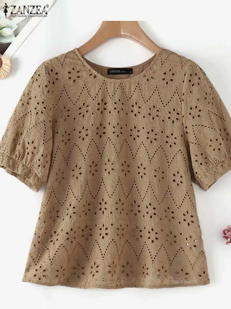 2024 ZANZEA Fashion Lace Crochet Embroidery Blouse Women Casual Work Tops Solid Holiday Blusas Summer Elegant Short Sleeve Shirt