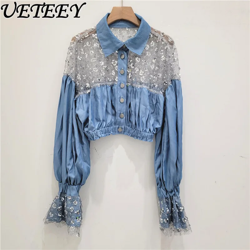 

Spring Autumn New Denim Short Coat Female Korean Style Hollow Out Stitching Shirt for Women Beading Beautiful Fashion Tops