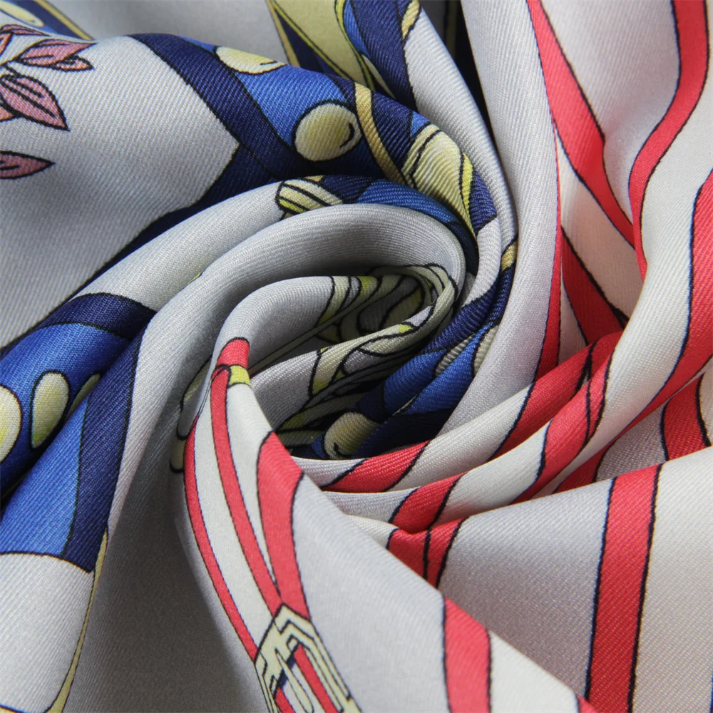 POBING Manual Hand Rolled Twill Silk Scarf Women Melt Chain Double Print Square Scarves Wraps Echarpes Foulards Femme Hijab 90CM