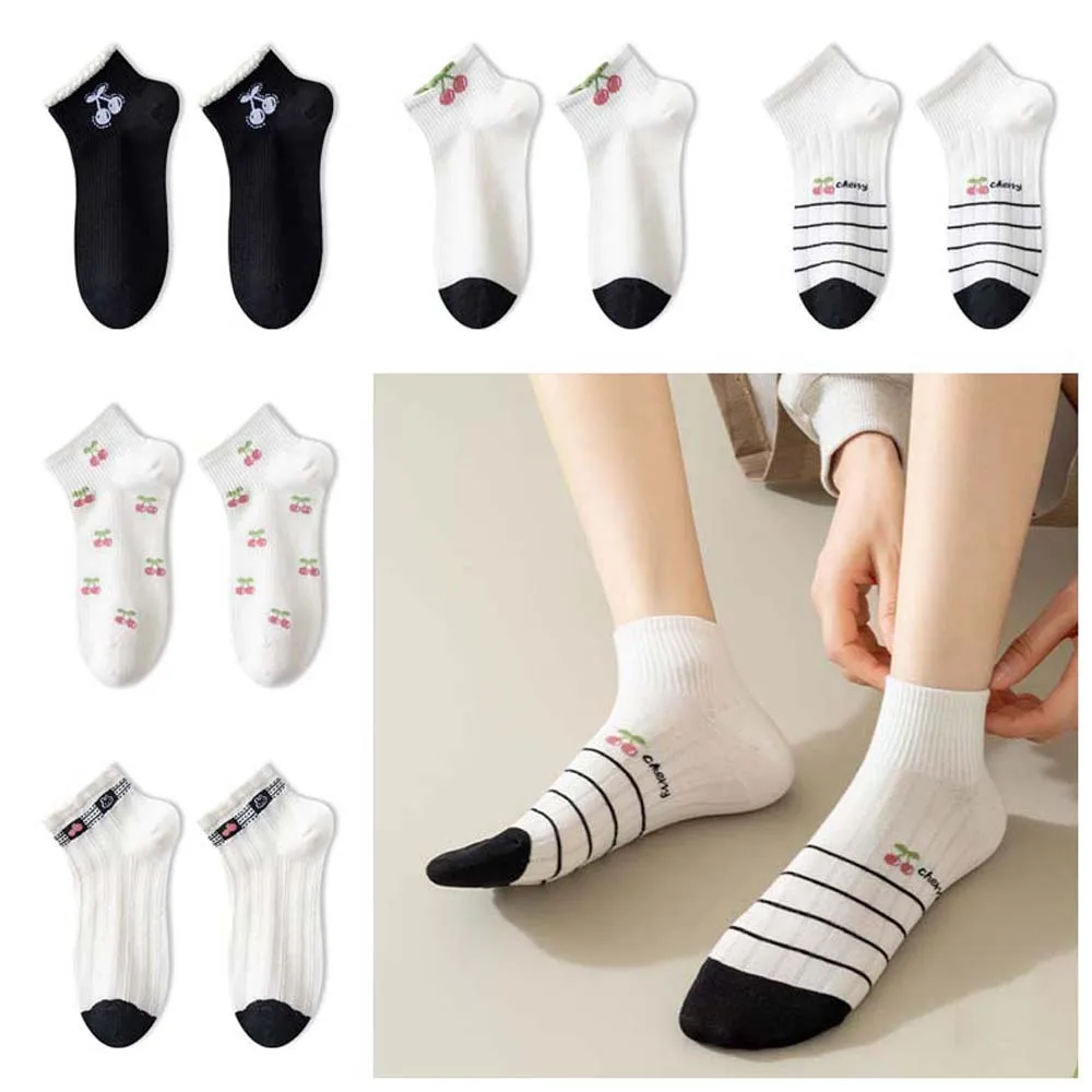 Female Hosiery Cherry Cotton Short Socks Cherry Print Anti Slip Cotton Ankle Socks Lolita Sweat Absorption Cotton Boat Socks