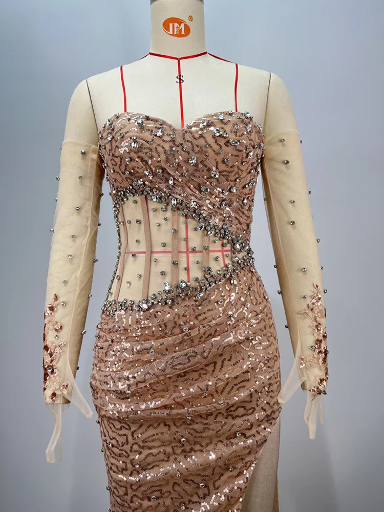 Sexy Strapless Backless Mesh Sequins Crystal Diamonds Maxi Long Women Celebrity Dress 2025 Elegant Party Evening Club Vestido