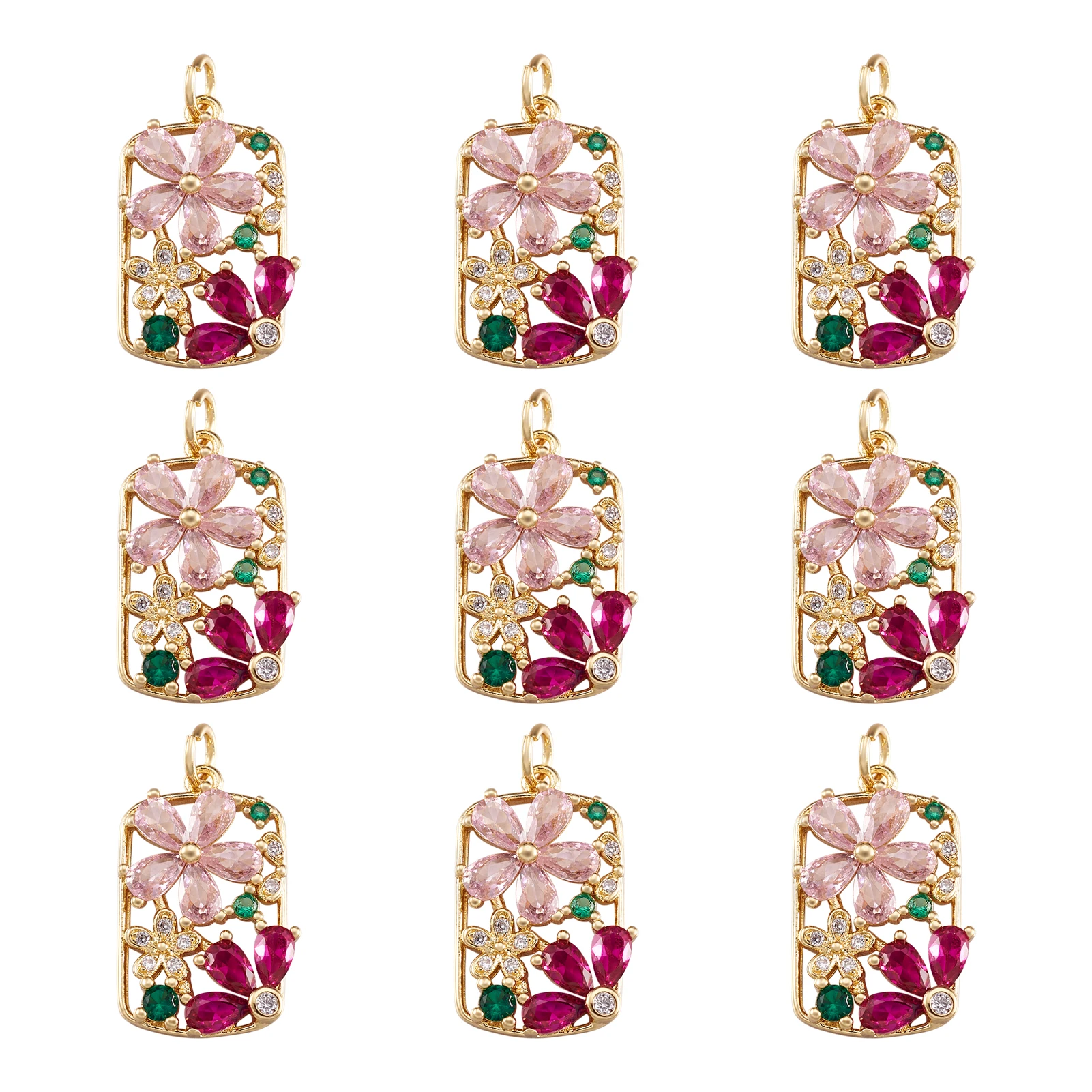 

Pandahall 10pcs Pink Flower Brass Micro Pave Cubic Zirconia Pendants Charms with Jump Rings For Necklace Jewelry Making Gift