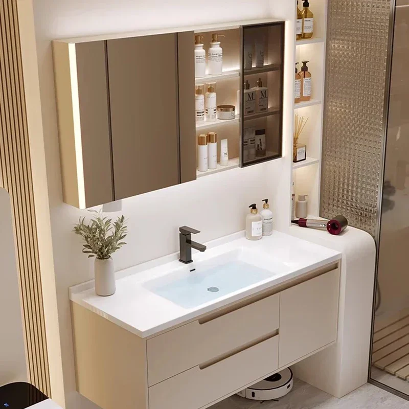 Mueble de baño estilo crema nórdico, tocador montado en la pared con lavabo, mueble con espejo, muebles lujosos y sencillos, Mueble Baño FYBC