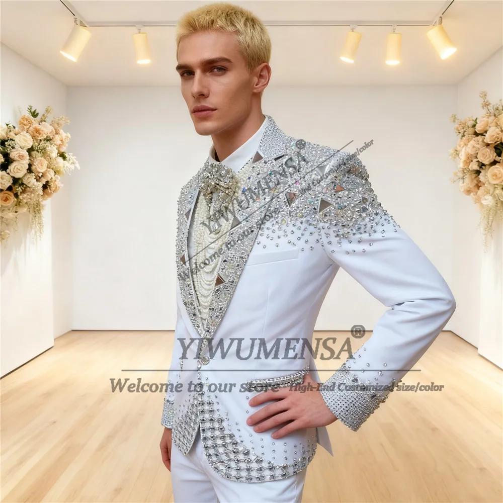 الفاخرة الماس مطرز دعوى الملابس للرجال 2 قطع الزفاف العريس البدلات الرسمية مخصصة واحدة الصدر حفلة موسيقية الحلل زي أوم