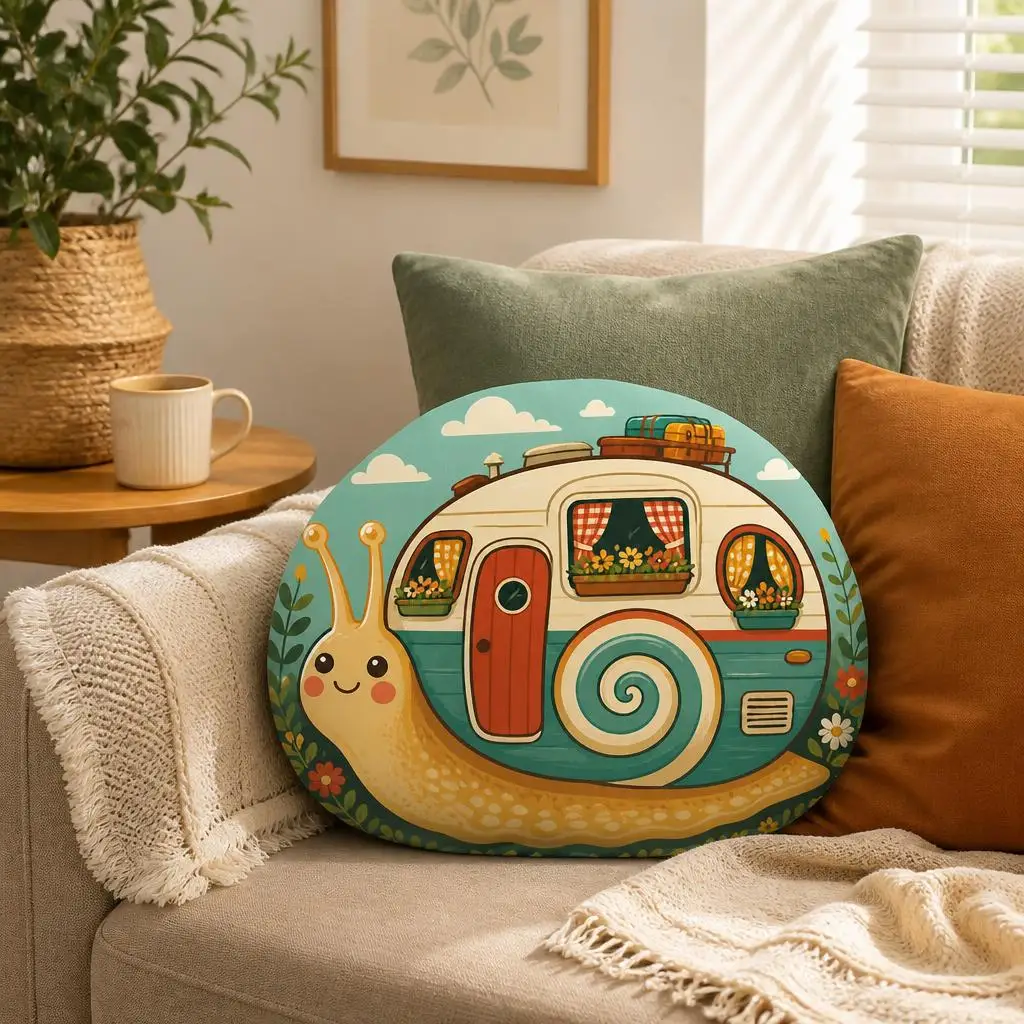 Snail Camper Van Plush Pillow Cute Camping Cushion Whimsical Travel Trailer Throw Pillow Stuffed Home Decor Gift Irregular