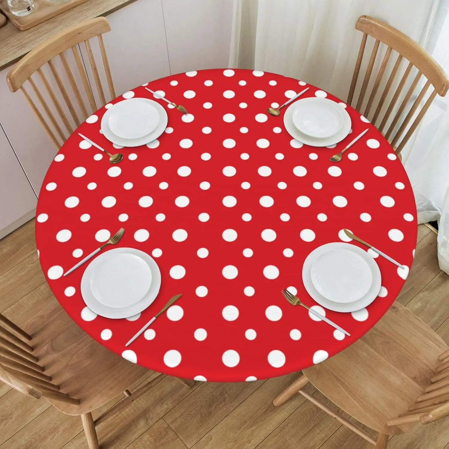 

Red White Polka Dots Round Fitted Tablecloth with Elastic Table Kitchen Dinner Waterproof Oil-Proof Table Covers Fits 40"