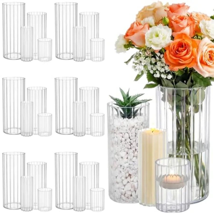 

24 Pcs Clear Cylinder Vases for Centerpieces Glass Plastic Tall Flower Vase Hurricane Floating Candle Holder for Home Wedding P