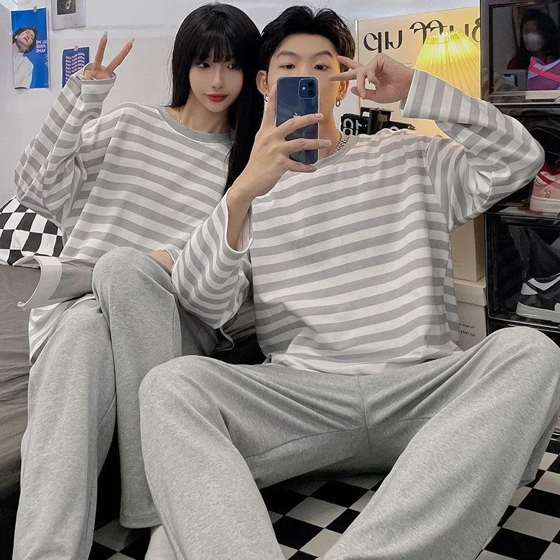 Couple Pajamas Set Cotton Autumn Long Sleeves Pants Home Suit Striped Lovers Sleepwear Comfortable Two-piece Female Pyjamas