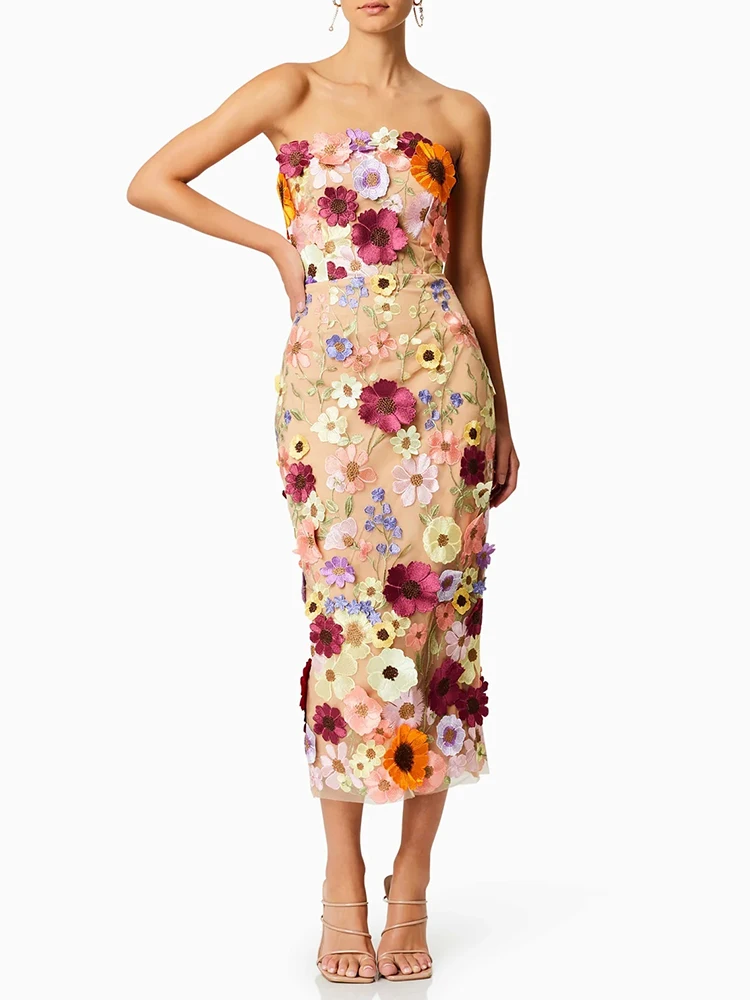 VGH Patchwork Appliques Colorblock Elegant Dresses For Women Strapless Sleeveless High Waist Backless Temperament Dress Female