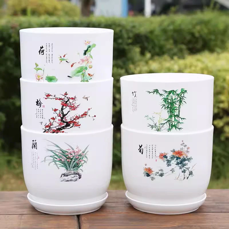 1PC With Tray Imitation Ceramic White Printed Pattern PP Resin Indoor Potted Plastic Flower Pot