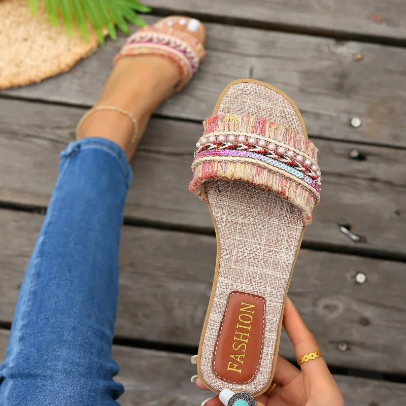 2026 Summer New Women Slippers Natural Gemstone Woven Flat Beach Sandals Female Lightweight Ethnic Pattern Tassel Decor Shoes