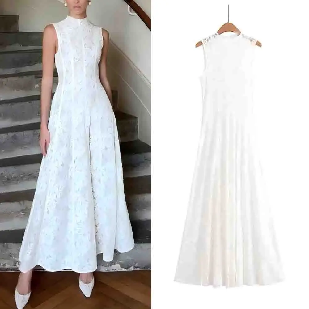 

Women's 2025 New Fashion Draped Design Sleeveless Lace Midi Dress Retro Round Neck Women's Dress
