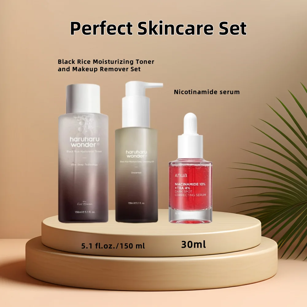 

Korean Skin Care Sets Haruharu Hyaluronic Acid Black Rice Toner Makeup Cleansing Oil and Black Spot Nicotinamide Serum Face Care