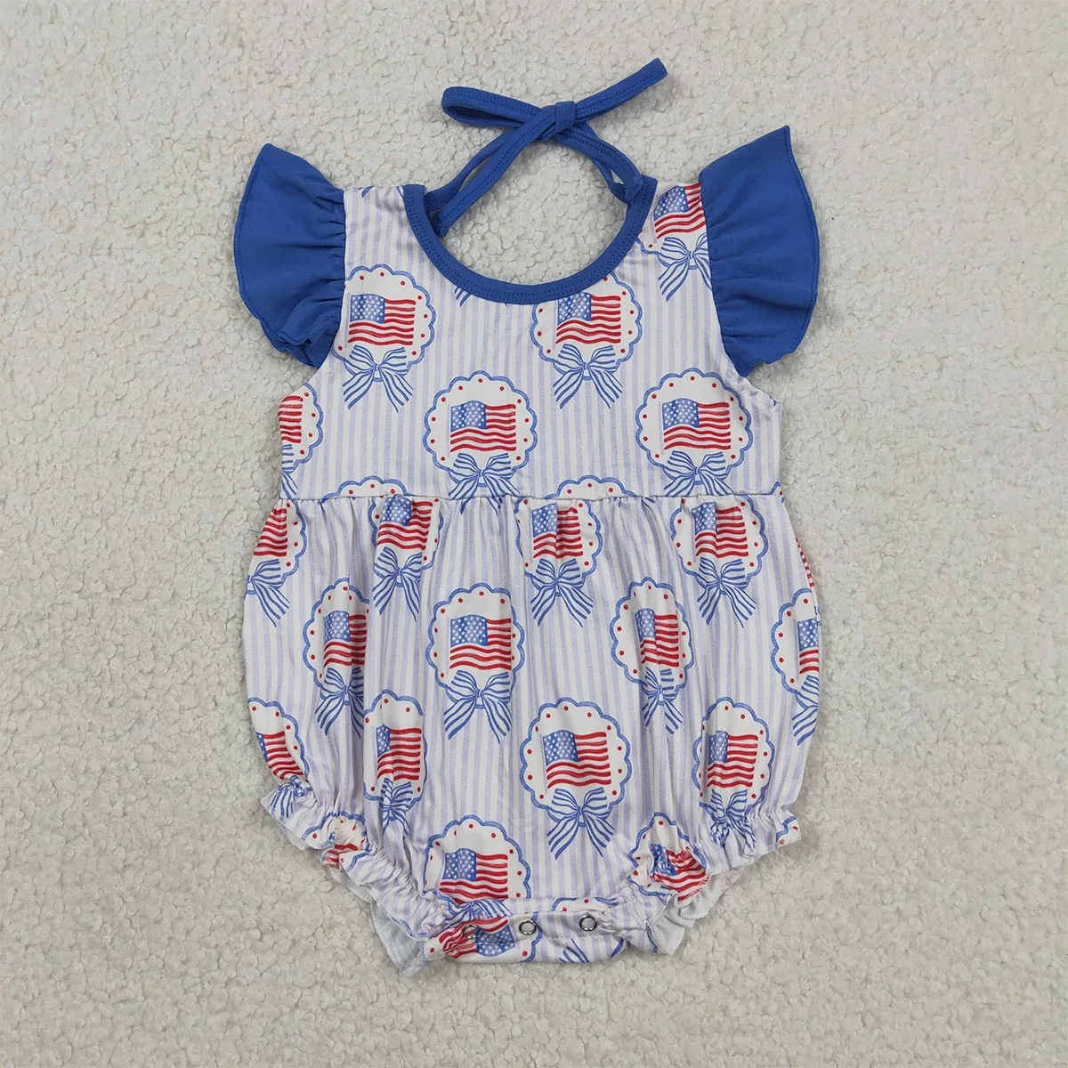 Newborn Baby Flutter Sleeve Stripe Bows Flags 4th of July Ruffle Romper Girl Clothes Bubbles Kids Children Clothing Wholesale