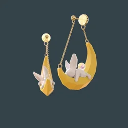Super Cute The Jade Rabbit Lies on The Moon Sense of Design Sweet Fashionable Earring Pale Gold Color Colorful Crystal Ball Tail